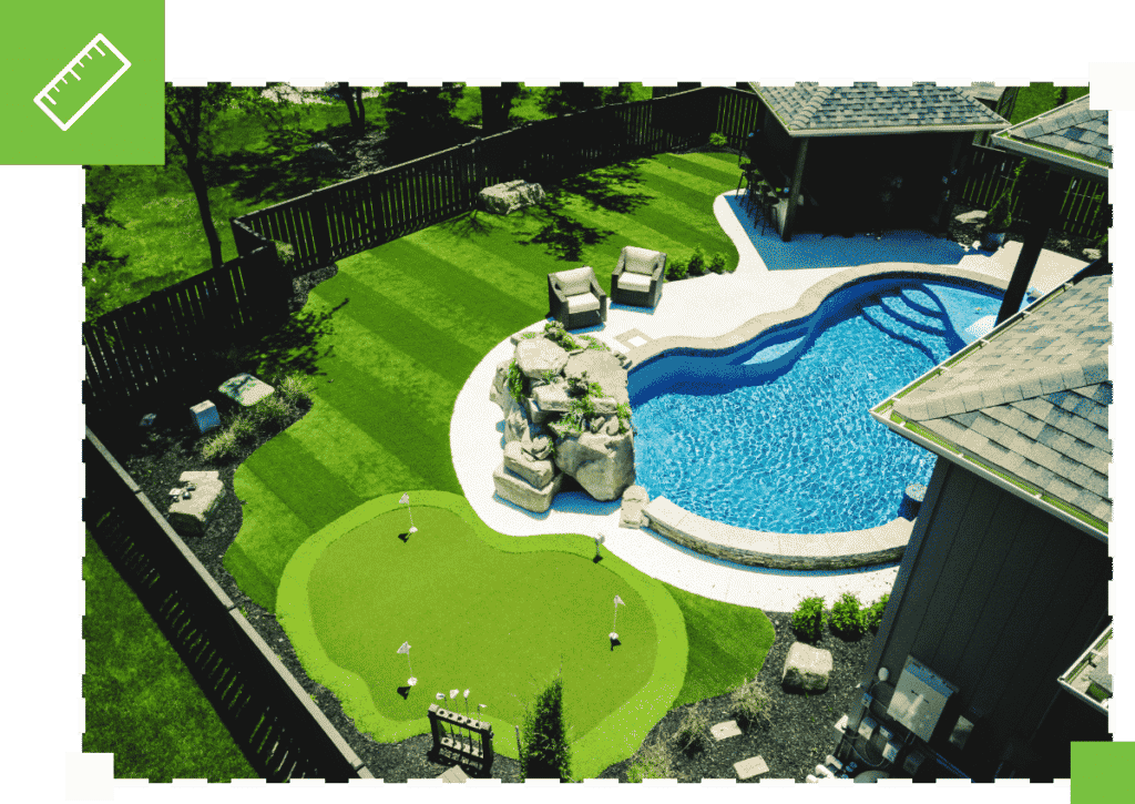 Artificial grass backyard with pool area