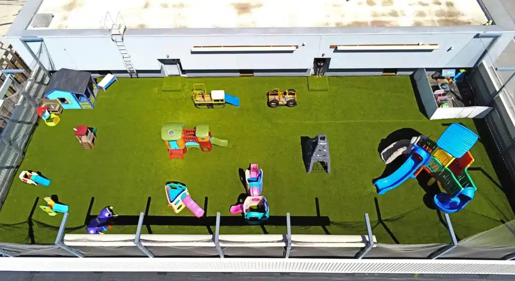 Drone shot of artificial gras playground